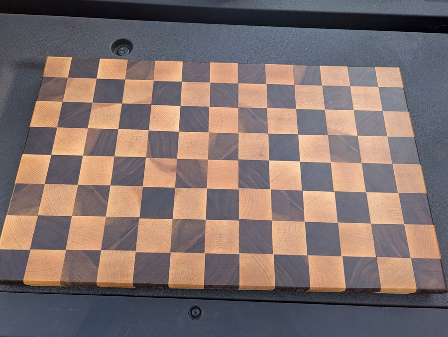 End-grain checkerboard cutting board Lee built